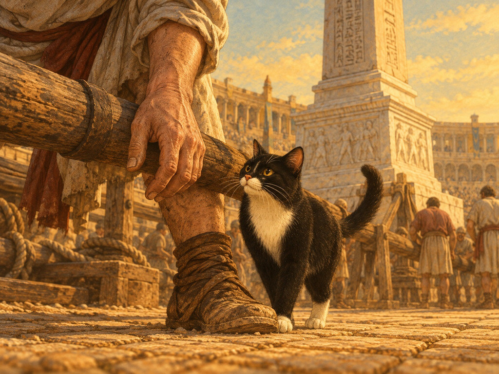 Misi, a black-and-white cat, approaches a worker with an injured hand after the raising of the Egyptian obelisk at Constantinople's Hippodrome in AD 390.