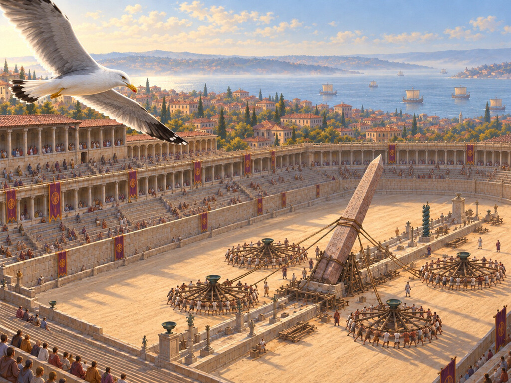 Alek the seagull flies above Constantinople's Hippodrome as workers use wooden windlasses and ropes to raise the Egyptian obelisk in AD 390.