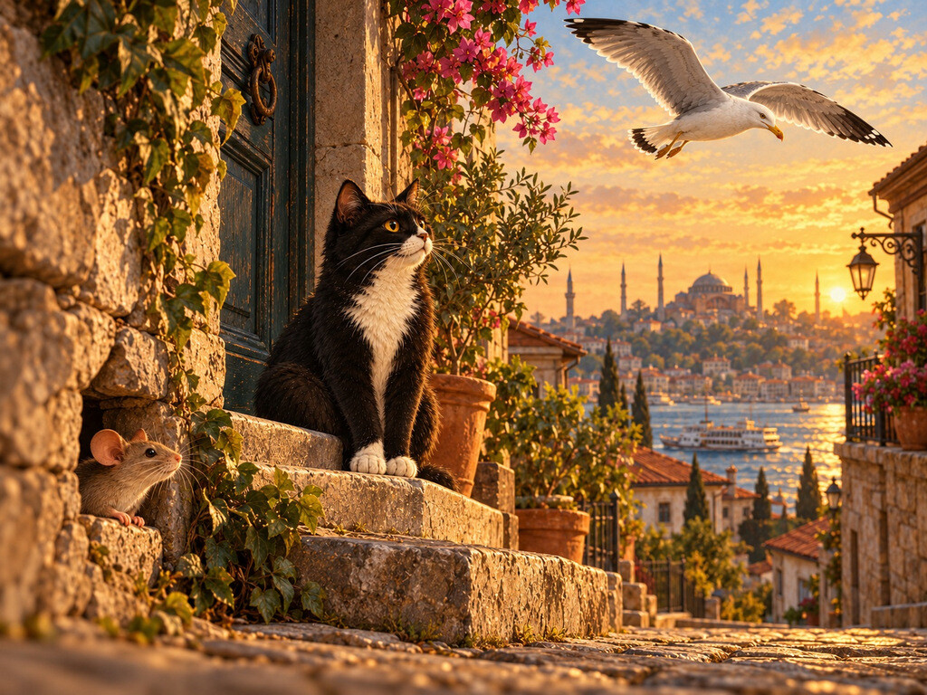 Illustration of Alek the seagull above, Misi the black-and-white cat on a doorstep, and Rubi the mouse near a narrow wall opening in old Istanbul.